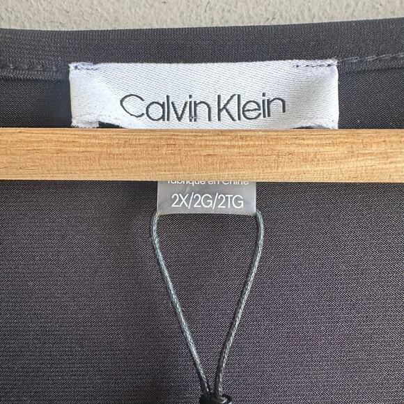 Calvin Klein Square Neck Split Sleeve Pearl Accent Dressy Blouse Top Black 2X - Picture 2 of 10